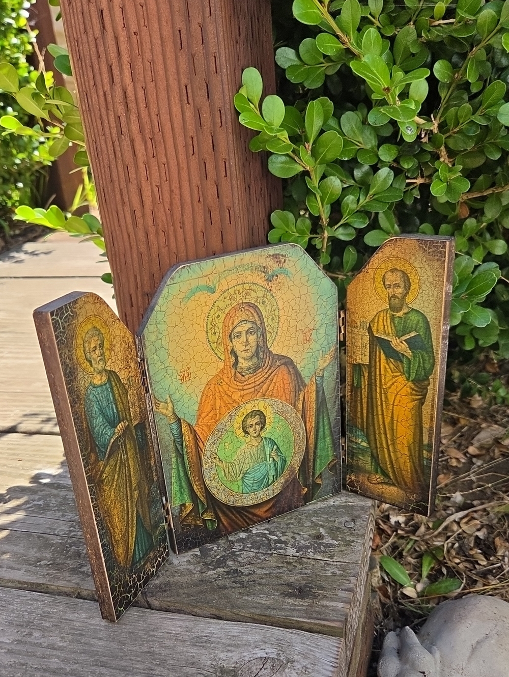 Vintage Wood Triptych Virgin Mary & Saint Peter & Saint Paul